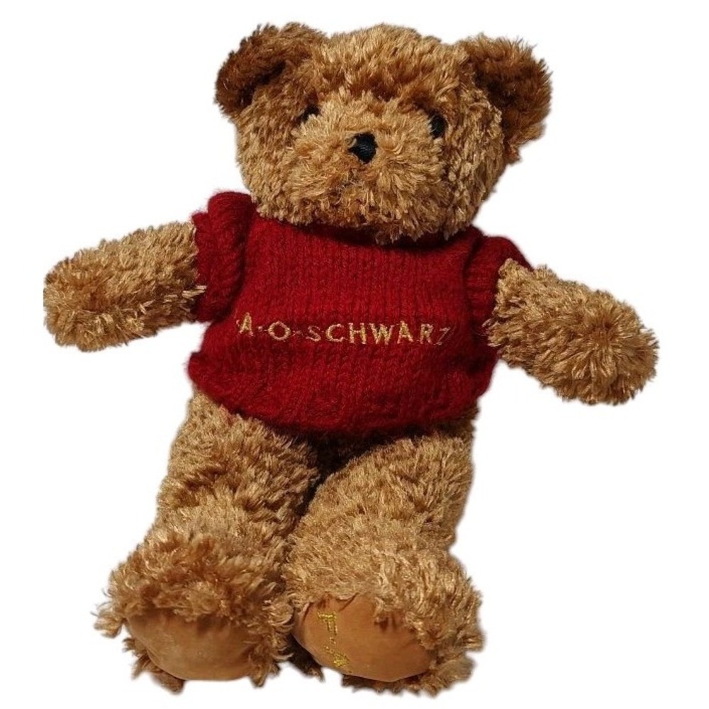 FAO Schwarz Brown Teddy Bear Plush Toy Red Knitted Sweater Twelve Inches See